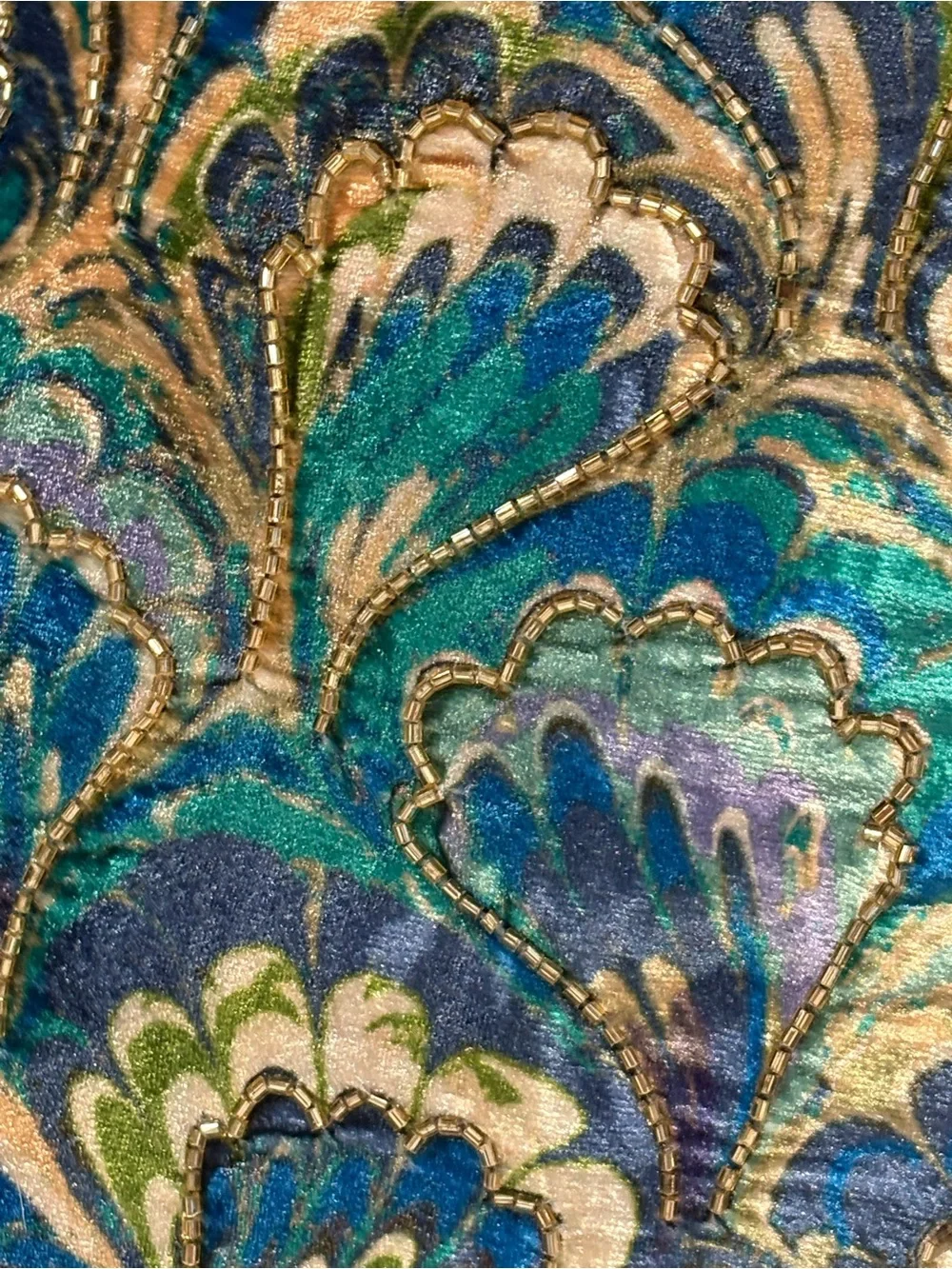 Teal and Blue Peacock Fan Accent Pillow with Gold Details